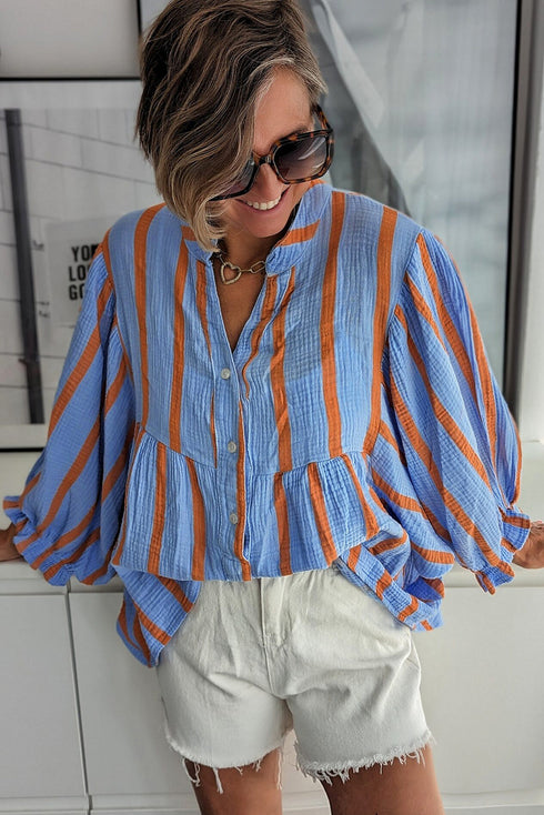 Stripe Crinckled Ruffled Sleeve Button up Loose Shirt